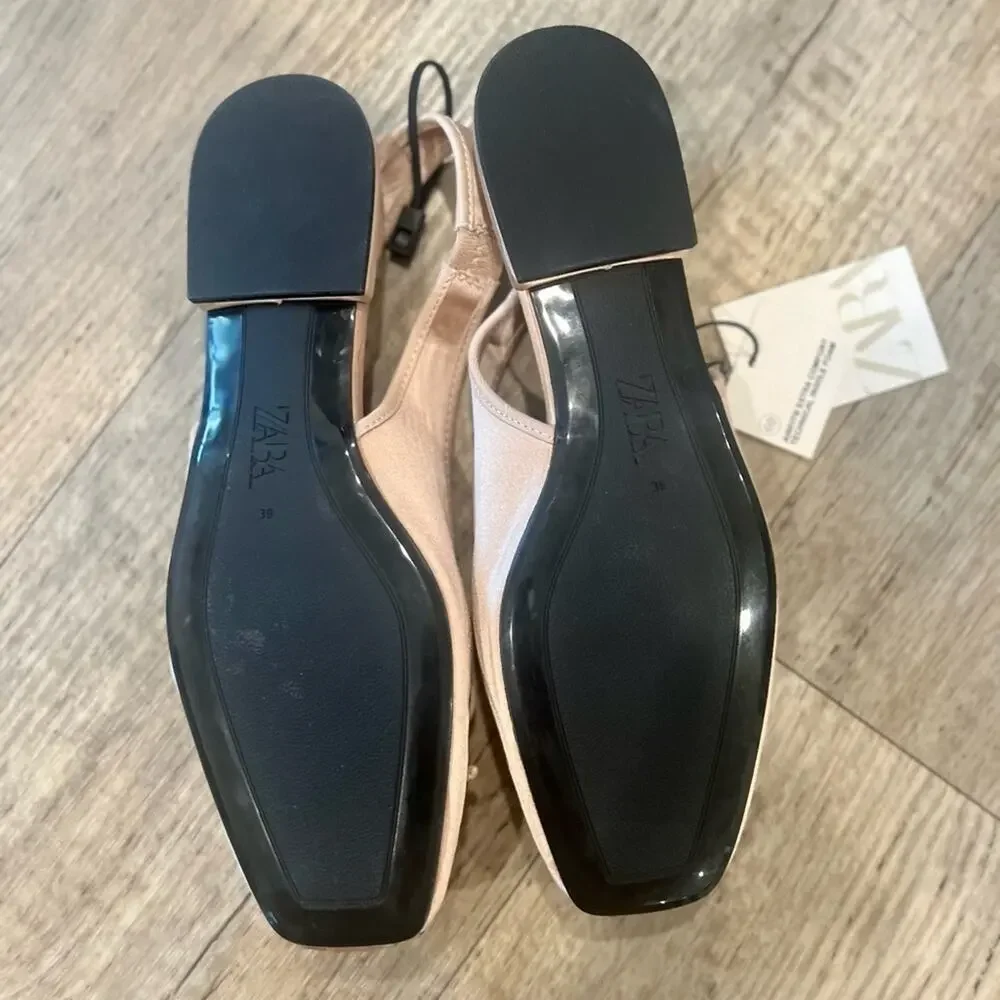 ZARA Blush Pink Satin Slingback Ballet Flats Bow Rounded Toe NWT 7.5